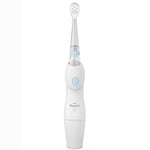 White baby electric toothbrush with light-blue power button and Little Martin's logo on white background