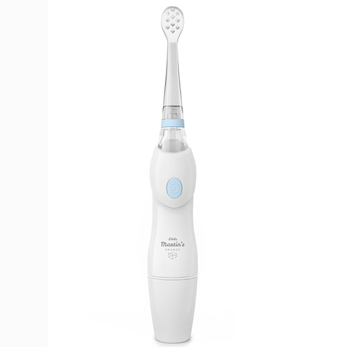 White baby electric toothbrush with light-blue power button and Little Martin's logo on white background