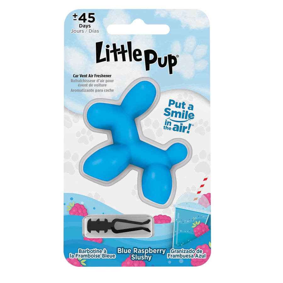 Single Little Pup blue balloon-dog shaped car vent clip in retail blister card packaging with Blue Raspberry Slushy flavor art.