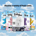 Assorted Little Pup and Little Joe branded car vent air freshener blister packs displayed against a cloudy sky background promoting fresh scents