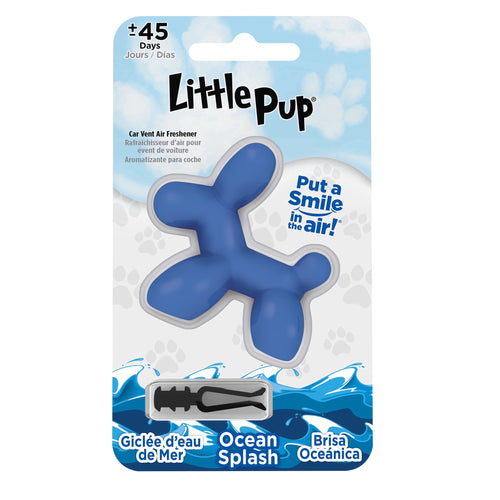 Little Pup Ocean Splash blue balloon‑dog shaped car vent air freshener in retail blister pack with ocean graphics