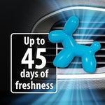 Blue balloon-dog shaped Little Pup vent clip attached to car air vent with graphic text claiming up to 45 days of freshness.