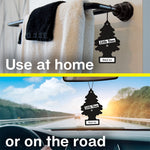 split image showing a little trees black ice hanging air freshener used on a bathroom towel bar and from a car’s rearview mirror