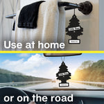 split image showing a black tree-shaped little trees air freshener labeled black ice hanging on a towel bar and from a car mirror with text use at home or on the road