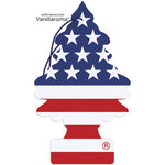 Flat product shot of Little Trees 'America' tree-shaped air freshener with stars-and-stripes print and hanging string.