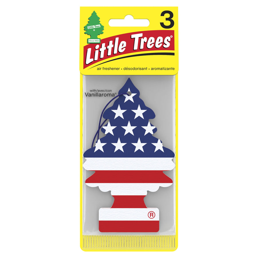Little Trees America tree-shaped air freshener in patriotic stars-and-stripes design inside yellow retail blister pack.