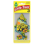 Yellow-blister Little Trees retail pack showing a 'Be Kind' tree-shaped air freshener with hibiscus and banana design.