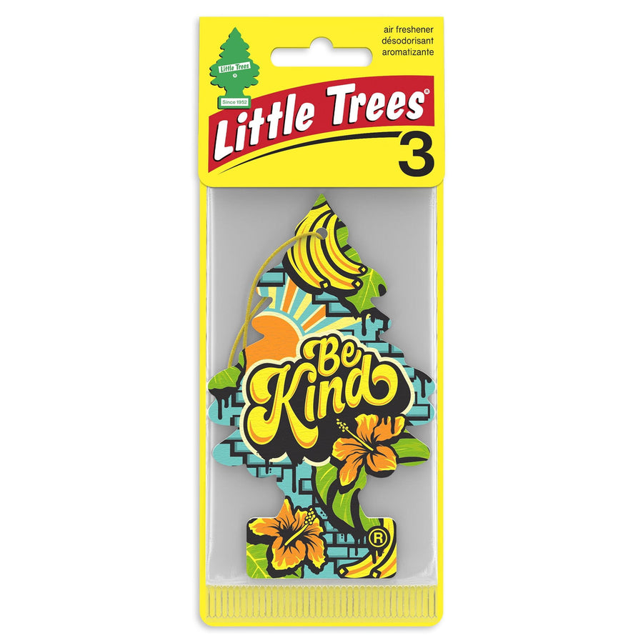 Yellow-blister Little Trees retail pack showing a 'Be Kind' tree-shaped air freshener with hibiscus and banana design.