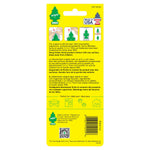 Back of Little Trees air freshener blister pack showing usage icons, instructions and barcode on yellow background
