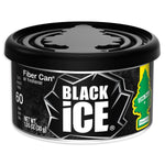 Close-up of a Little Trees Black Ice fiber can air freshener with black lid and bold 'BLACK ICE' label