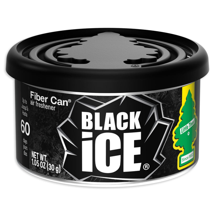 Close-up of a Little Trees Black Ice fiber can air freshener with black lid and bold 'BLACK ICE' label