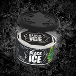 Opened Black Ice fiber can with lifted black lid showing inner scent pad and textured black background