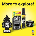 little trees black ice lineup on yellow background with hanging tree, vent wrap, spray, and fiber can under text reading more to explore
