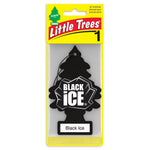 Little Trees Black Ice tree-shaped car air freshener in its yellow retail blister pack with logo and label