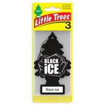 Little Trees Black Ice tree-shaped car air freshener in branded yellow retail blister pack.