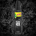 Little Trees Black Ice spray bottle centered over textured black icy background highlighting the product label