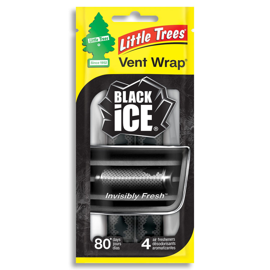 Single Little Trees Black Ice Vent Wrap retail package showing product window, logo and yellow branded header.