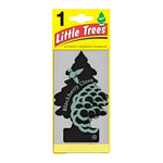Packaged Little Trees car air freshener in yellow backing card showing a black tree-shaped 'Blackberry Clove' scent pad.