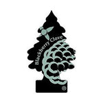 Little Trees tree-shaped air freshener graphic in black with pale mint blackberry illustration and 'Blackberry Clove' text.