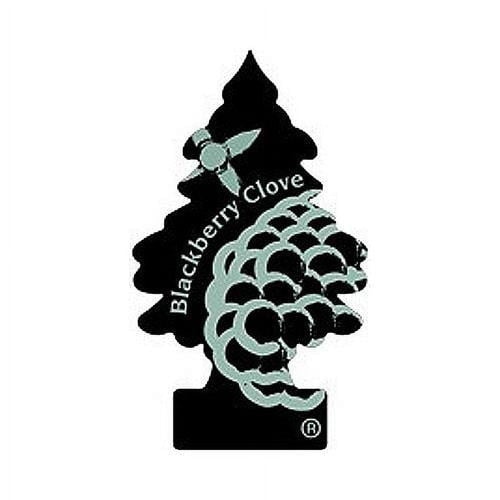 Little Trees tree-shaped air freshener graphic in black with pale mint blackberry illustration and 'Blackberry Clove' text.