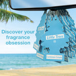 Cluster of blue Little Trees "Caribbean Colada" tree-shaped air fresheners hanging from a car mirror with a beach backdrop.