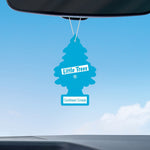 Blue Little Trees air freshener labelled Caribbean Colada hanging from a rearview mirror against a sky background