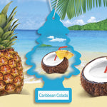 Blue tree-shaped Little Trees air freshener with coconut-and-pineapple artwork against a tropical beach background