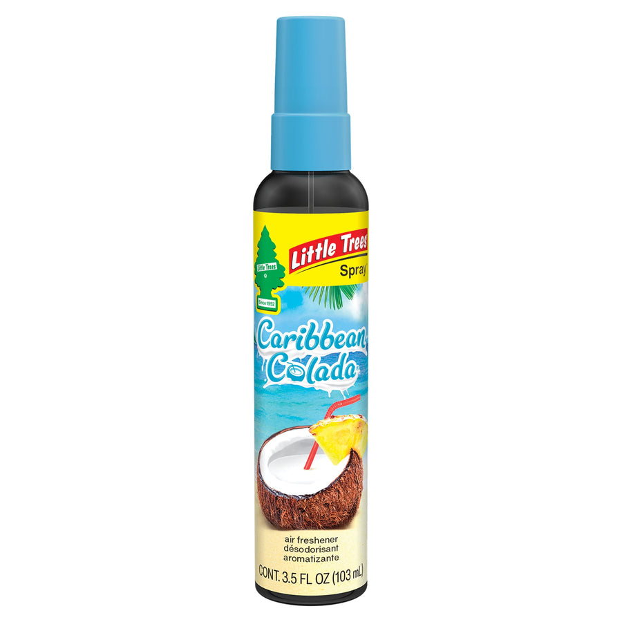 Single Little Trees Caribbean Colada spray bottle with blue cap and label showing coconut drink imagery on white background.
