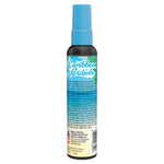Rear view of a Little Trees Caribbean Colada spray bottle showing ingredient text, barcode, and product labeling.
