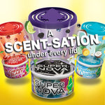 assorted little trees fiber can air fresheners shown in a colorful layout, including super nova, cherry blast, and caribbean colada, with large text reading “a scent-sation under every lid”.