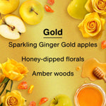 Graphic panel showing scent notes labeled Gold with images of apples, yellow roses, honey and amber on a gold background.