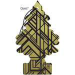 Close-up of a gold-and-black patterned Little Trees tree-shaped air freshener with a hanging cord against white.
