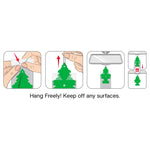 Four-step illustrated instructions showing how to hang a Little Trees air freshener with the caption "Hang Freely! Keep off any surfaces."