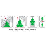 Illustrated instructions showing how to remove packaging and hang a Little Trees air freshener
