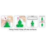 Instructional illustration strip showing how to hang a Little Trees tree-shaped air freshener with text 'Hang Freely! Keep off any surfaces.'