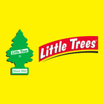 Yellow background with Little Trees green tree logo and red Little Trees wordmark alongside each other.