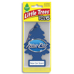 Little Trees blue tree air freshener in retail blister pack labeled New Car with yellow Little Trees header.