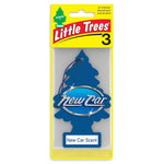 Packaged Little Trees blue tree air freshener labeled “New Car Scent” in branded yellow blister card