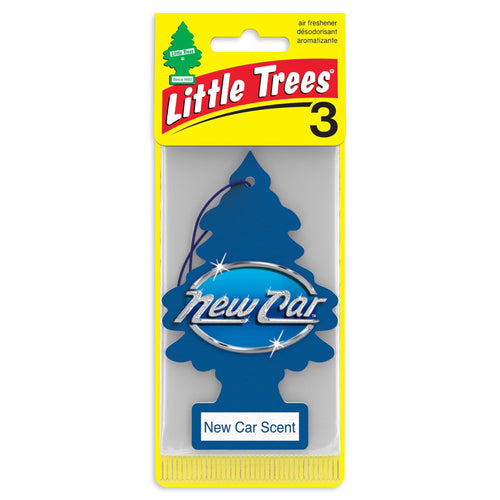 Packaged Little Trees blue tree air freshener labeled “New Car Scent” in branded yellow blister card