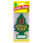 Single Little Trees Royal Pine tree-shaped air freshener in yellow retail blister pack with pinecone graphic