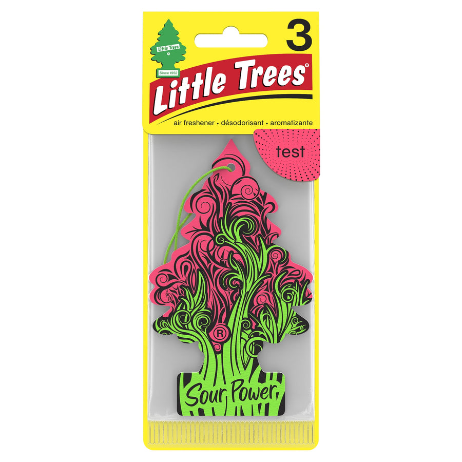 Packaged Little Trees Sour Power tree air freshener in branded yellow blister card with visible hang hole and product name