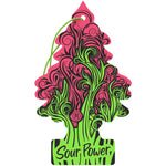 Tree-shaped Little Trees Sour Power air freshener with pink and green swirled design and green hanging cord on white background