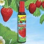 Little Trees Strawberry spray bottle set against a strawberry-themed background with leaves and fruit