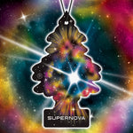 Tree-shaped Little Trees air freshener with vibrant multicolor galaxy artwork and 'Supernova' printed on the base against a space background.