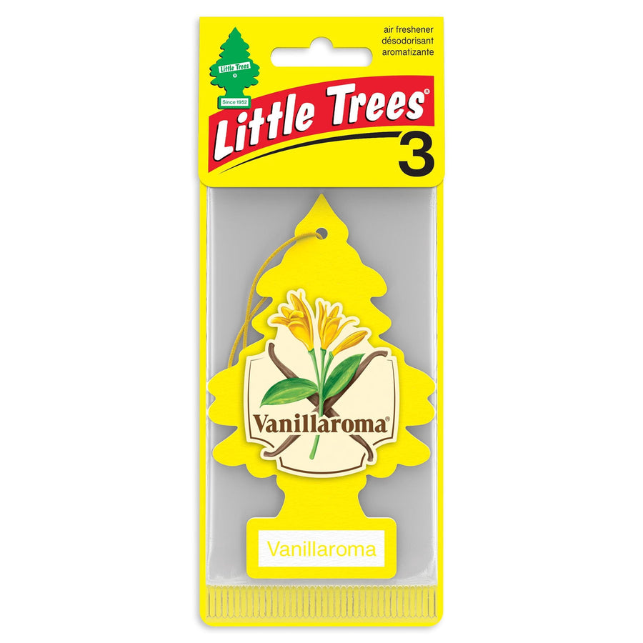 Yellow Little Trees Vanillaroma tree-shaped air freshener in retail blister pack with a visible '3' on header.
