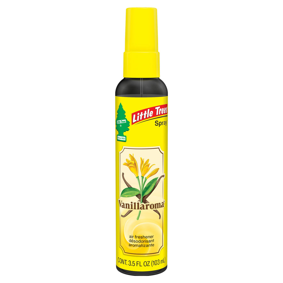 Single tall yellow Little Trees Vanillaroma spray bottle with yellow cap on white background