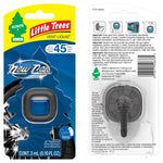 Front and back composite of Little Trees Vent Liquid New Car packaging showing product and instruction panel