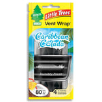 Front packaging of Little Trees Vent Wrap Caribbean Colada car air freshener with visible vent clip and tropical graphics.