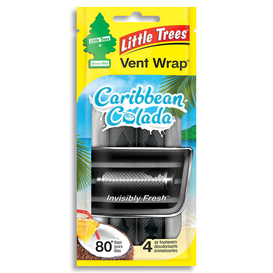 Front packaging of Little Trees Vent Wrap Caribbean Colada car air freshener with visible vent clip and tropical graphics.