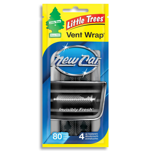 Single Little Trees Vent Wrap New Car scent retail package with yellow and blue graphics